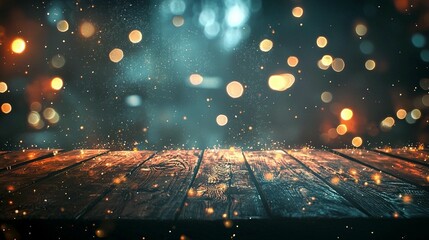Obraz premium Dark wooden table, glowing lights, bokeh background, product display