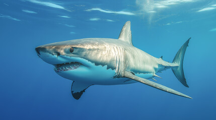 Obraz premium Fearsome great white shark gliding through the crystal-clear ocean waters near a vibrant coral reef