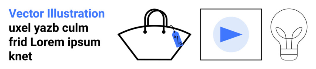 Handbag with tag, play button in square frame, and light bulb outline emphasizing creativity. Ideal for fashion, multimedia, inspiration, design, innovation, branding modern aesthetics flat landing