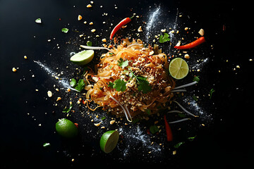Delicious Pad Thai with Fresh Lime and Chilies on a Dark Background