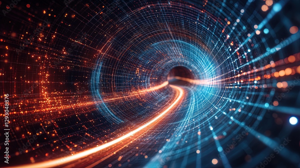 Poster visualization of entangled photons traveling through spacetime, dynamic and abstract