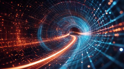 Obraz premium Visualization of entangled photons traveling through spacetime, dynamic and abstract 