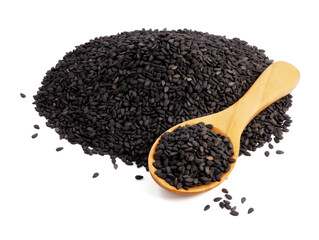 Black sesame in wooden spoon isolated on white background
