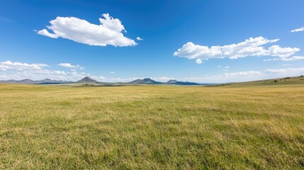 Vast grassy plains stretching to distant mountains under a vibrant blue sky. Scenic landscape image