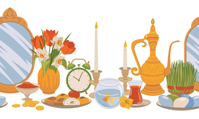 Seamless pattern for International Day of Nowruz. Iranian New Year is a holy day and religious holiday of Zoroastrians and Baha'is. Mirror, green grass, sweets, candles, vinegar, flowers. Flat vector.