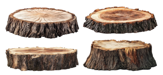 Set of tree stumps with visible rings, isolated on transparent cutout background