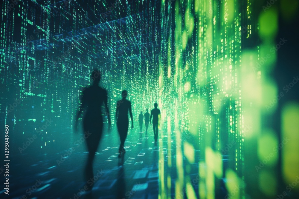 Aufkleber Exploring an abstract digital world filled with human silhouettes and floating matrix code in a futuristic setting. Generative AI