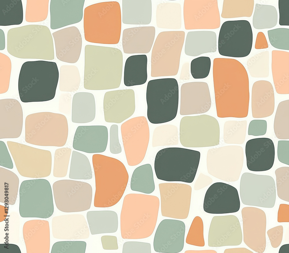 Poster colorful abstract pattern with soft shapes in gray green and peach tones, seamless pattern style.