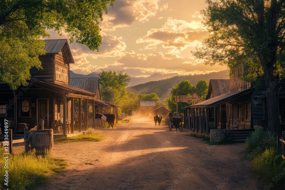 Poster sunset over dusty old town with rustic buildings and cows on the road in a peaceful rural setting. g