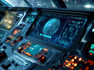 Fototapeta premium Futuristic spacecraft control panel displaying galaxy on screen