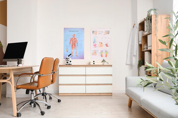 Interior of medical office with doctor's workplace and posters