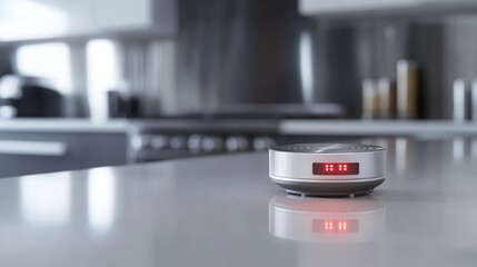 Carbon monoxide detector in a minimalist kitchen with stainless steel appliances. Featuring safety and alertness