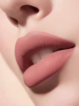 Close up of plump lips showing matte nude lipstick on perfect skin