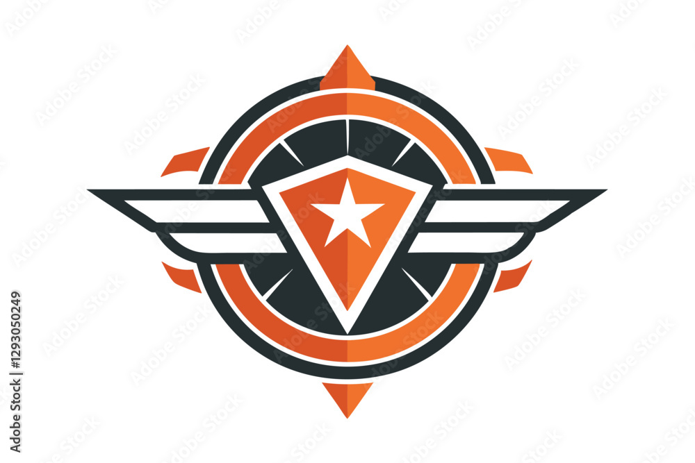 Poster clear and simple logo design featuring a shield, star, and wings in bold colors, emphasize simplicit