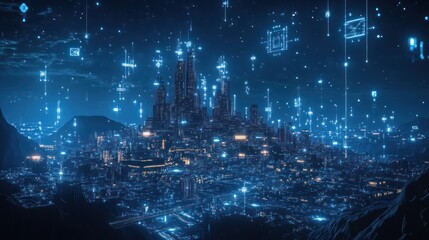 Futuristic cityscape at night with glowing digital data overlay.