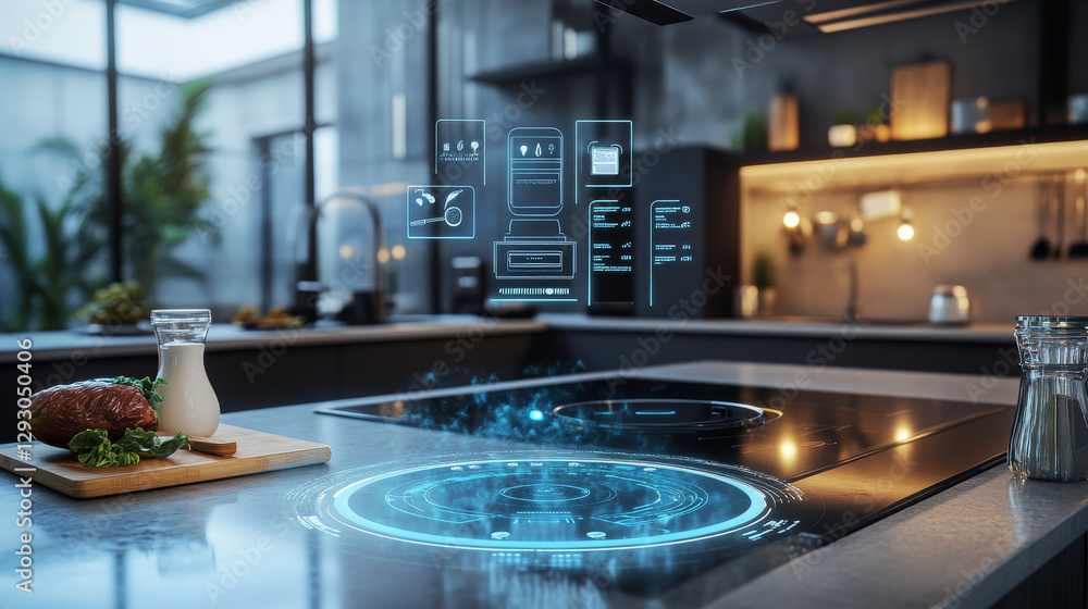 Poster high tech kitchen with futuristic interface displaying cooking information, featuring sleek countert