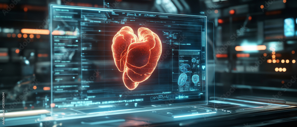 Poster futuristic digital display showcasing glowing heart model, surrounded by data and graphics, emphasiz