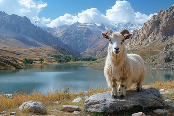 Obraz premium Alpine Goat's Serene Vista, A Majestic Scene in the High Mountains