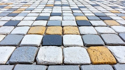 Close-up of textured pavement with colorful cobblestones.