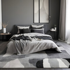 grey and white tones bed in bedroom, bedroom interior decoration