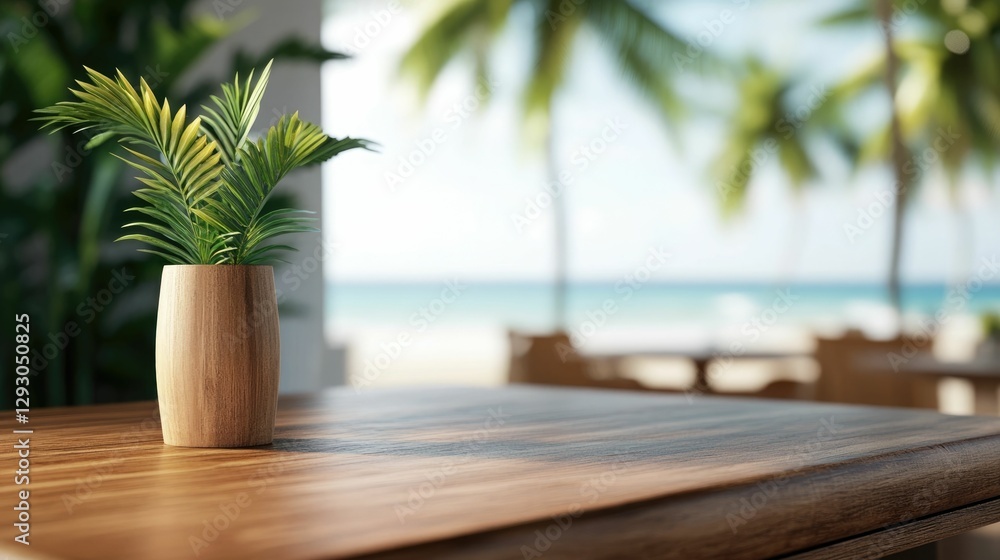 Poster wooden bar top set in a cozy tropical caf with blurred palm trees and ocean waves visible through th