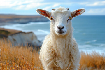 Coastal Caprine, A White Goat's Serene Stare on a Grassy Bluff Overlooking the Sea