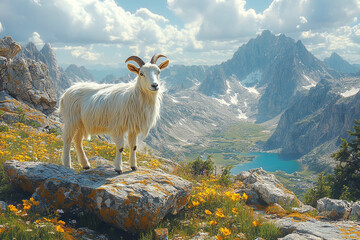 Majestic mountain goat perched high above serene alpine scenery