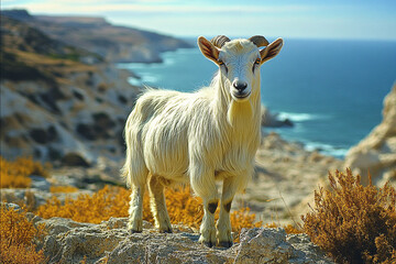Serene Mountain Goat Amidst Coastal Panorama in Bright Daylight