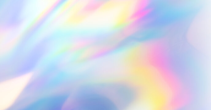 Blurred refraction light texture overlay effect. Holographic rainbow background.