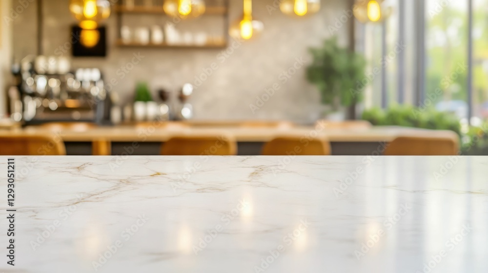 Poster elegant marble counter with decorative lighting showcased in a blurred forest inspired cafe setting 