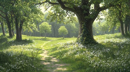 Obraz premium Sunlit Forest Path Through Wildflower Meadow