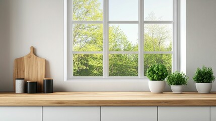 Bright and Airy Minimalist Kitchen Interior with Wooden Countertop and Serene Garden Landscape Visible Through Sheer Curtains