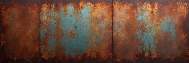 Extensive rusty metal panorama; deeply textured grunge backdrop , decay, worn