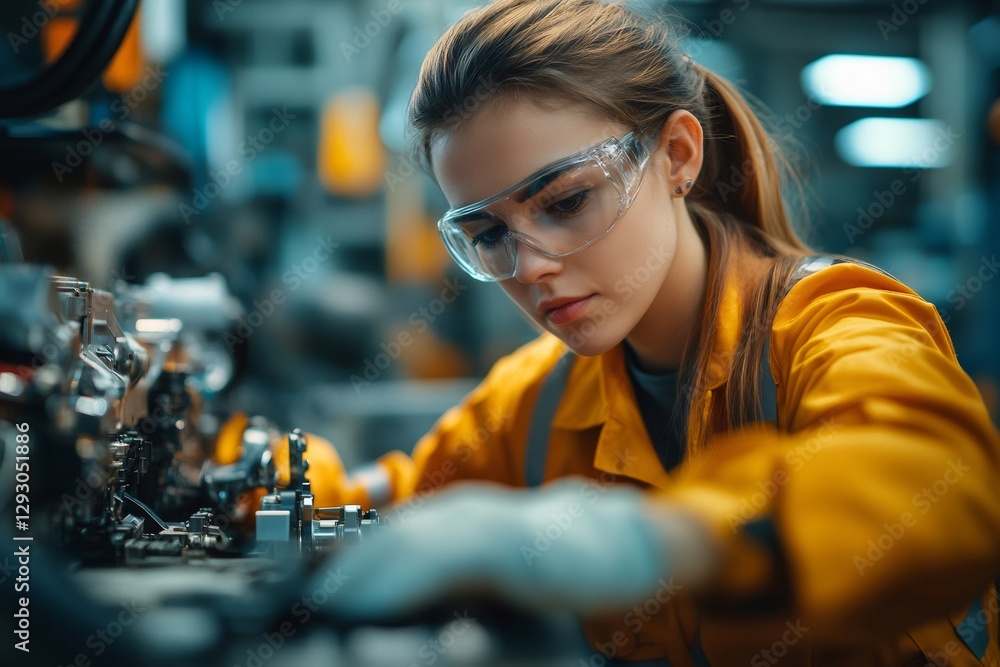 Aufkleber Female mechanical engineer working on a machine in a factory