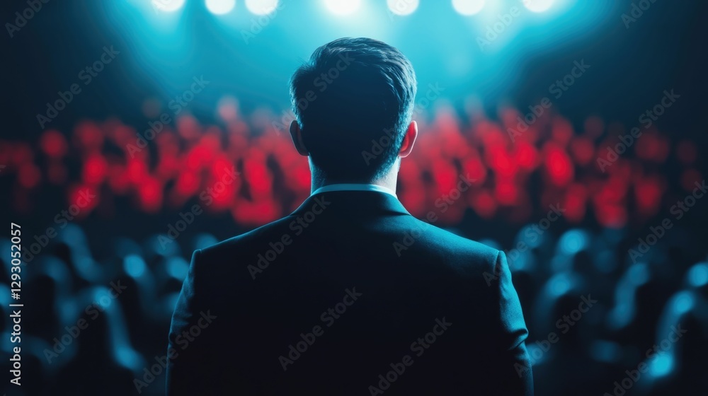 Poster energetic and dynamic speaker captivating a packed conference room audience with an engaging present