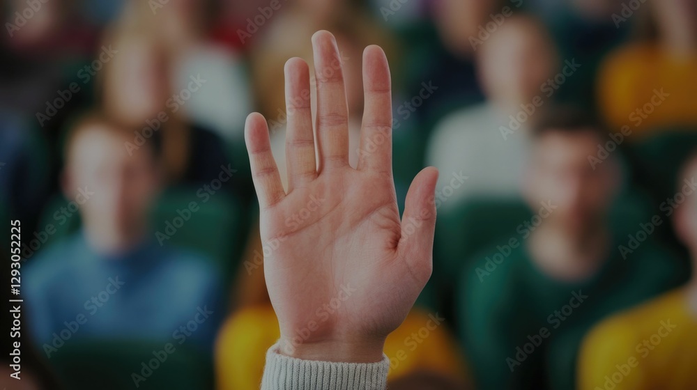 Poster charismatic speaker addressing diverse audience with one person raising hand for question during a m