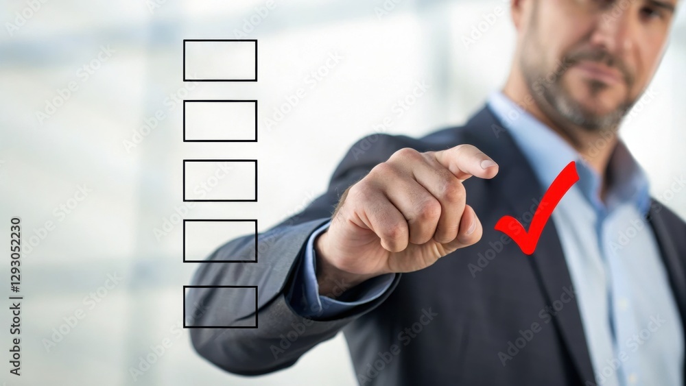 Poster decision made: a professional, points with a red check mark towards a list of checkboxes, signifying