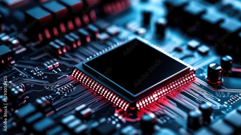 Poster central processing unit glowing red on circuit board closeup
