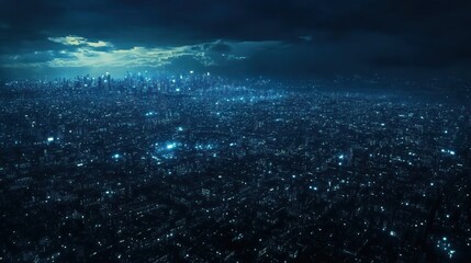 Aerial view of a sprawling metropolis at night, illuminated by glowing city lights under a dark, stormy sky.