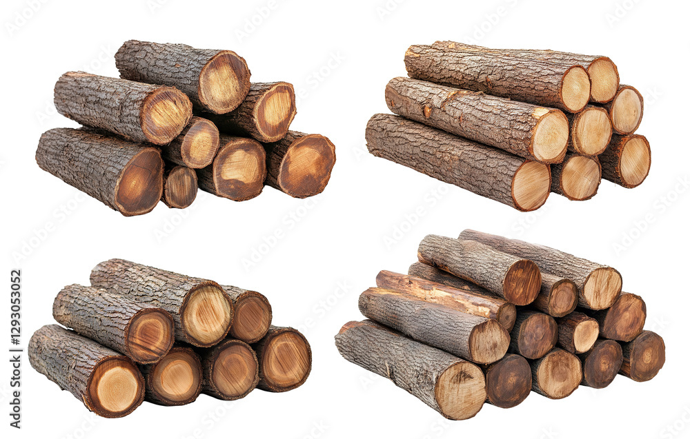 Poster set of of log stacks, isolated on transparent cutout background