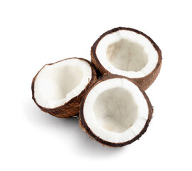 Halves of fresh coconuts on white background