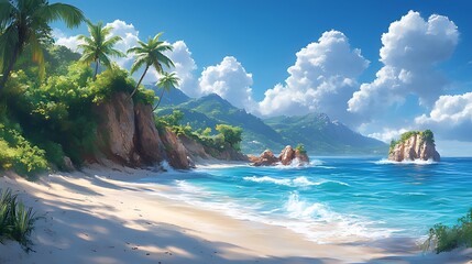 Naklejka premium Tropical beach sunrise, island paradise, ocean waves, palm trees, background mountains, travel poster
