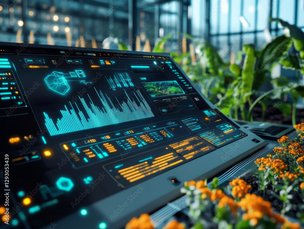 Poster futuristic agricultural dashboard displaying data and analytics in greenhouse