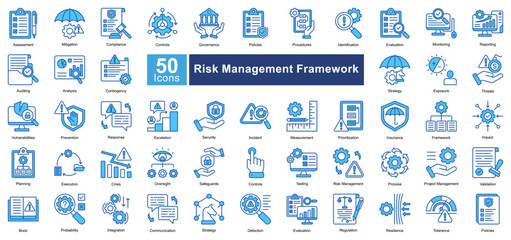 Risk Management Framework icon set in Blue Color style, featuring 50 icons of assessment, compliance, security, and governance. Ideal for corporate risk analysis, auditing, and policy enforcement.
