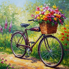 Fototapeta premium vibrant painting of a vintage bicycle adorned with colorful flowers in its basket.