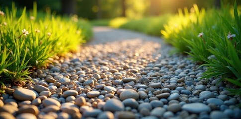 Sunlit gravel path, showing varied stone sizes, white, grey