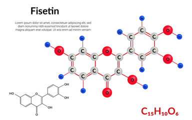 Fisetin plant flavonol, molecular structure formula, ball-and-stick model, suitable for education or chemistry science content. Vector illustration