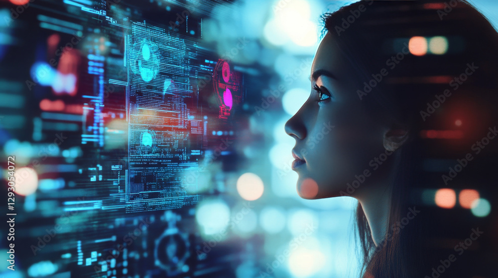 Poster profile of woman interacting with high tech interface, showcasing data visualization and digital ele