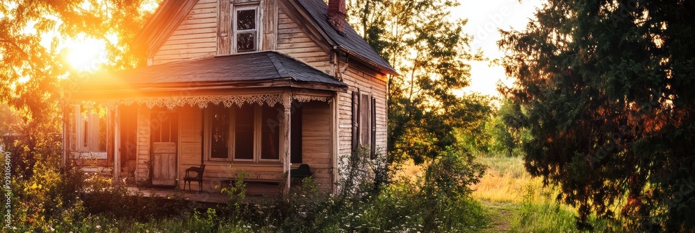 Poster contrast of decay and warmth in natures embrace at a once loved cottage. generative ai