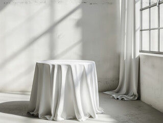 Round table covered with blank clean white tablecloth in minimalist style. Bright room interior with shadows from window on wall. Happy morning. Copy space for text.